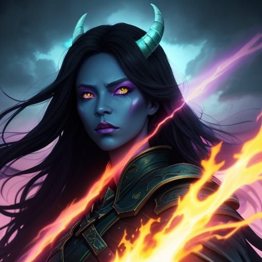 Female Demon in Light Blue Sky: Dark Fantasy Art