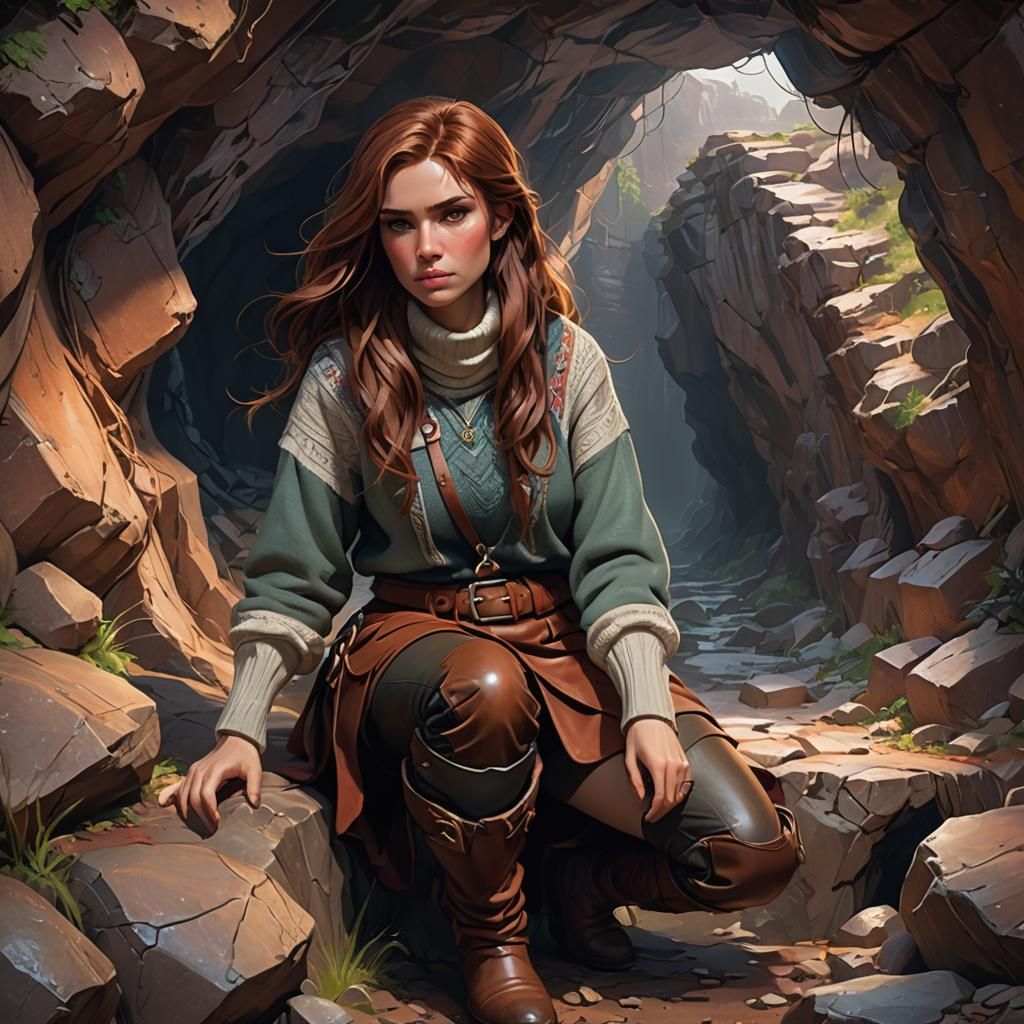 Woman in Cave Portrait, Hyperdetailed Concept Art