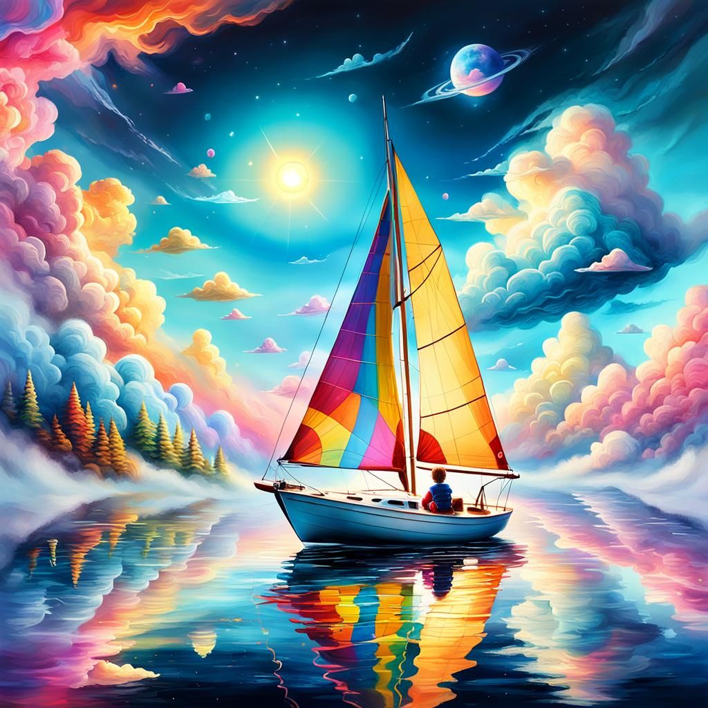 Child's Imagination: Sailboat Floating in Space, Digital Art