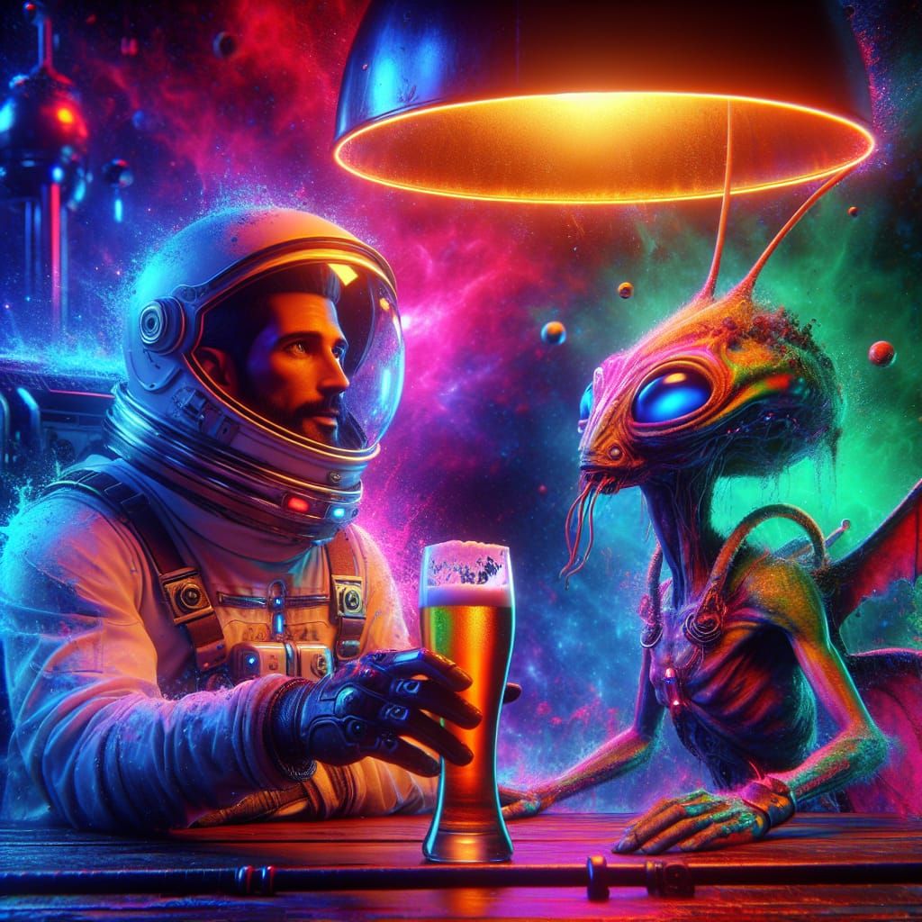 Astronaut and Alien Enjoying Drinks in Cosmic Bar