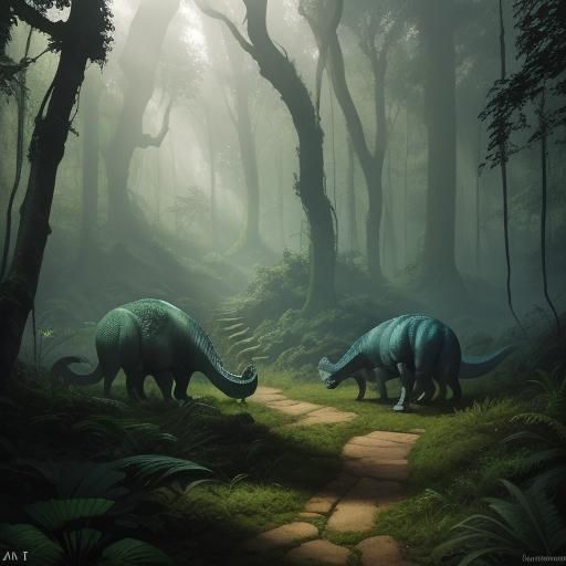 Dinosaurs Roam a Lush Prehistoric Forest