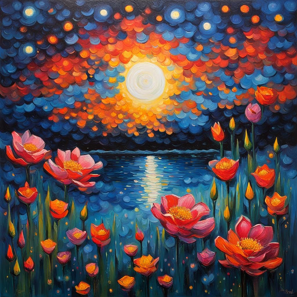 Blooming Flowers at Night: An Impasto Oil Painting