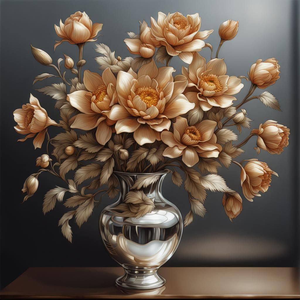 Metallic Flowers in Vase: Detailed Reflective Art