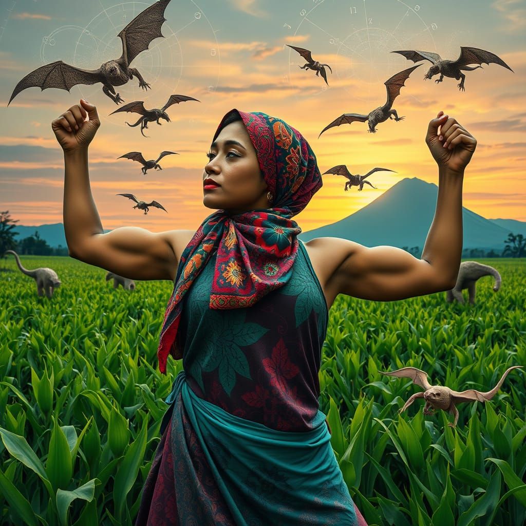 Javanese Woman with Dragons in a Green Field