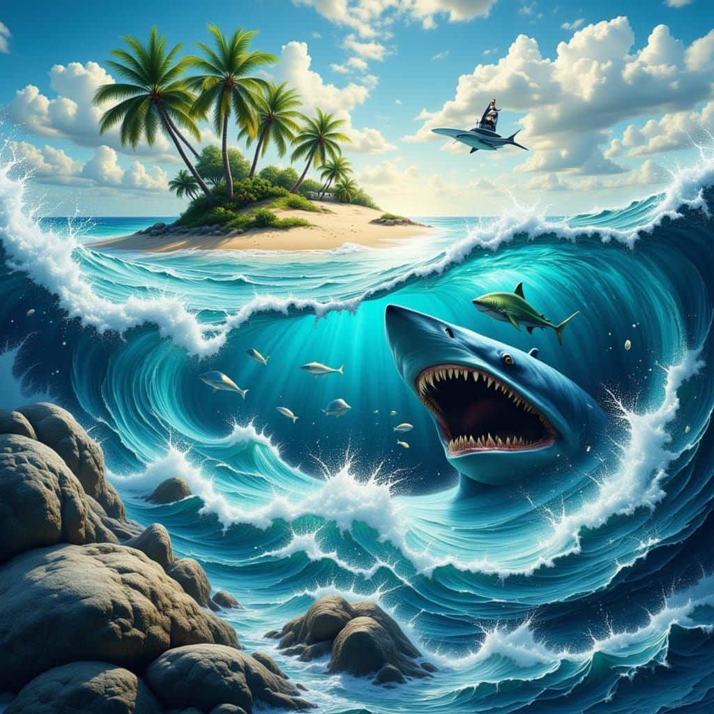 #1 👀💦Tsunami 💦 island 💫shark 🐬flying fish 🏝 hyperreali...