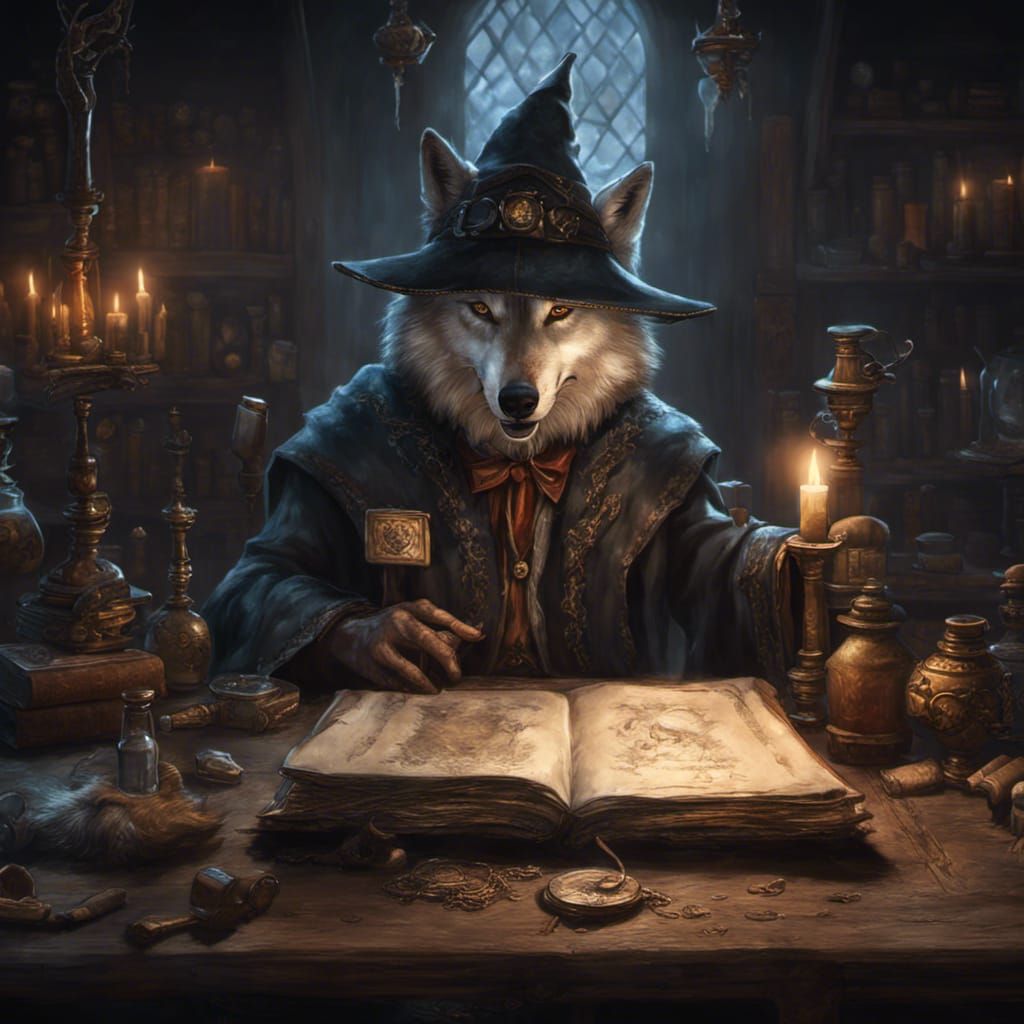 Wolf Wizard Conjuring Spells: Dark Fantasy Art