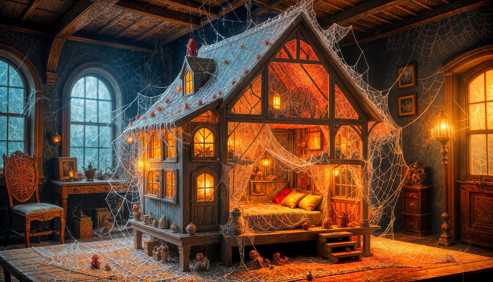 Abandoned Spiderweb Dollhouse in Dusty Attic