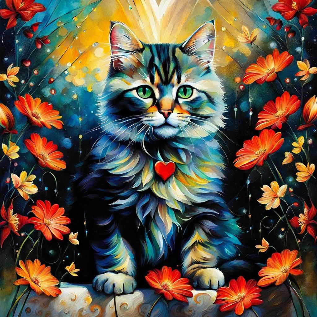 Cute Cat Surrounded by Flowers in Surrealist Style