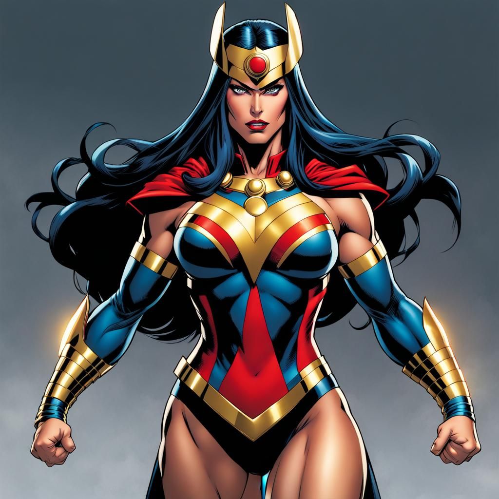 Big Barda, buff athletic, powerful build woman, Superhero, bodysuit, heroic pose, full body, style of Phil Jimenez
