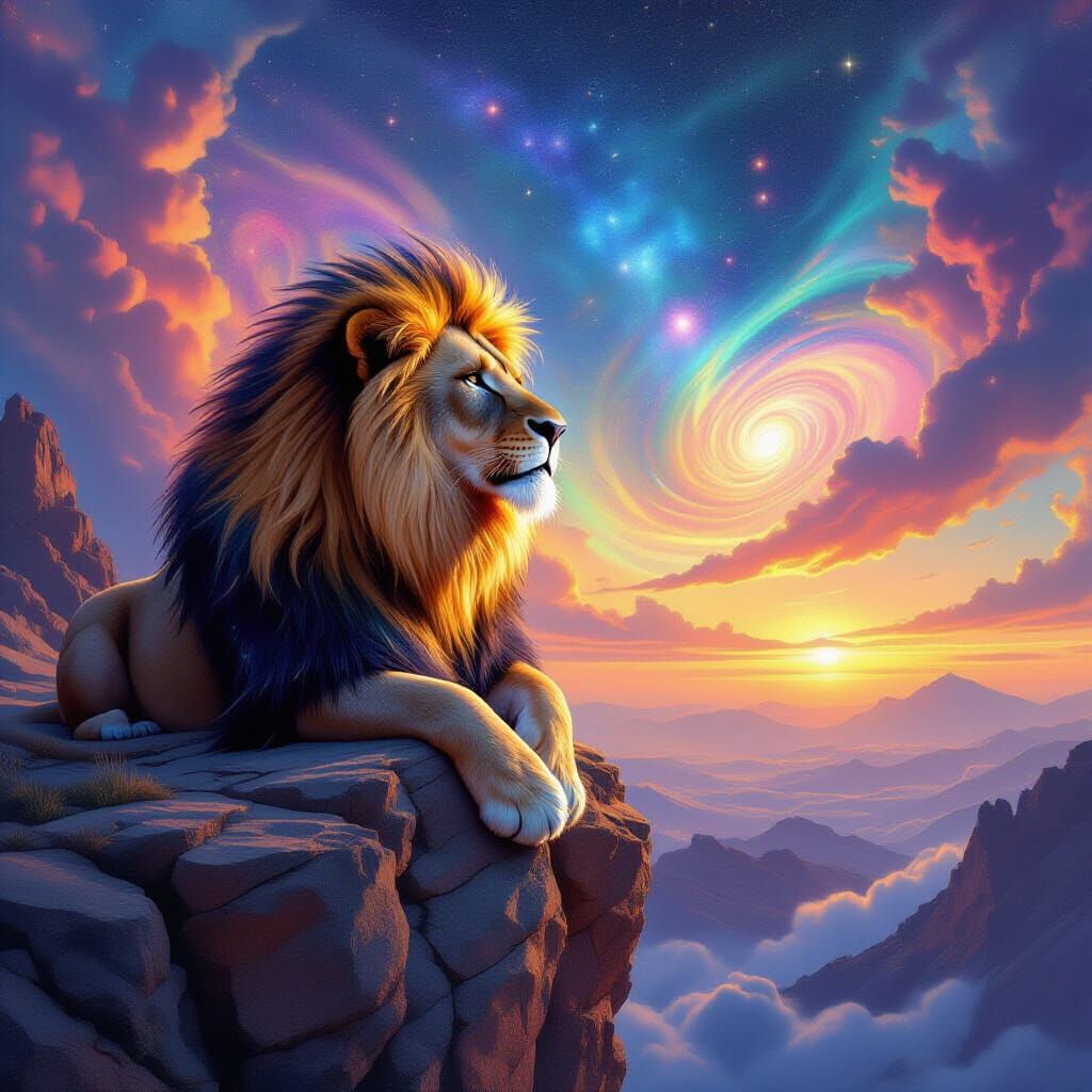 Cosmic Lion Overlooking Alien Planet in Hyperrealistic Style