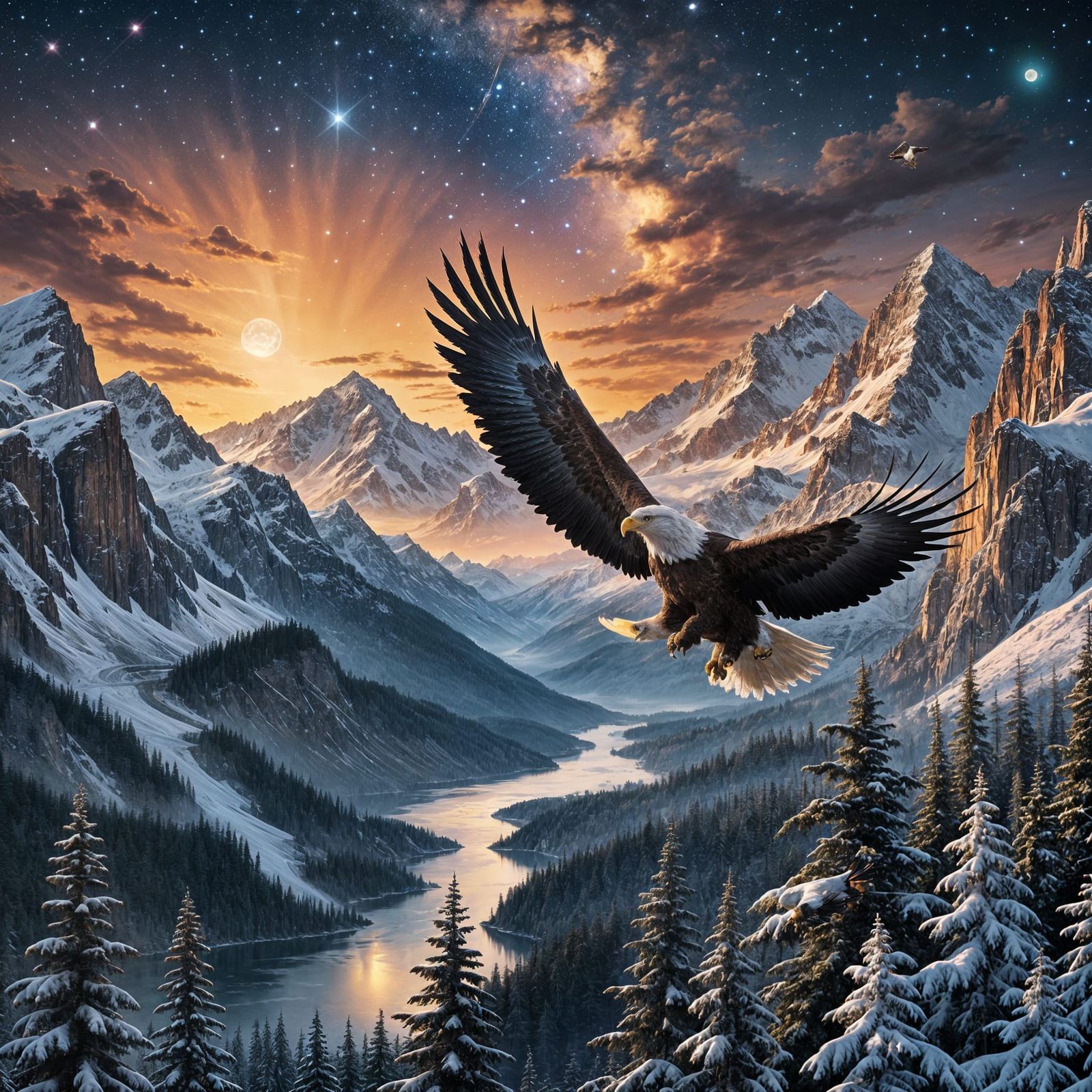 Majestic Eagle Silhouette Over Magical Landscape