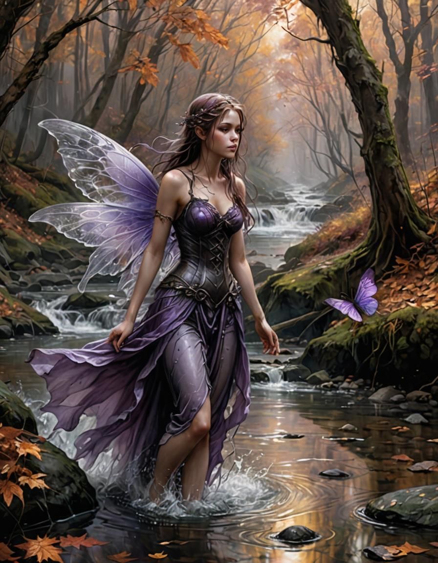 Fairy with Purple Wings by a Brook