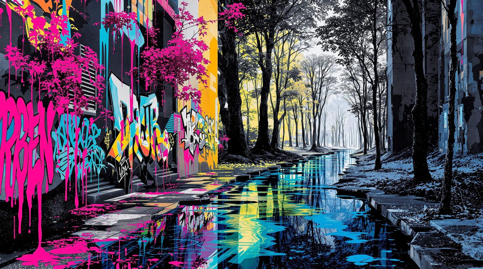 Surreal Nature and City Collage with Alcohol Ink River