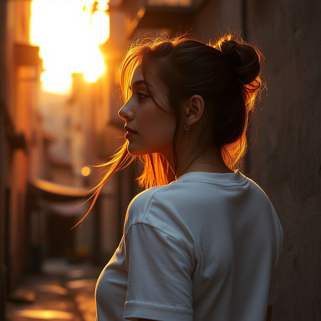 Sunset Silhouette: Woman in Cityscape, Fantasy Art Style