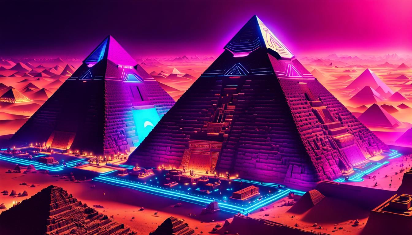 Ancient Egypt, 64 megapixels, Cyberpunk, breathtaking, neon lights, futuristic pyramids