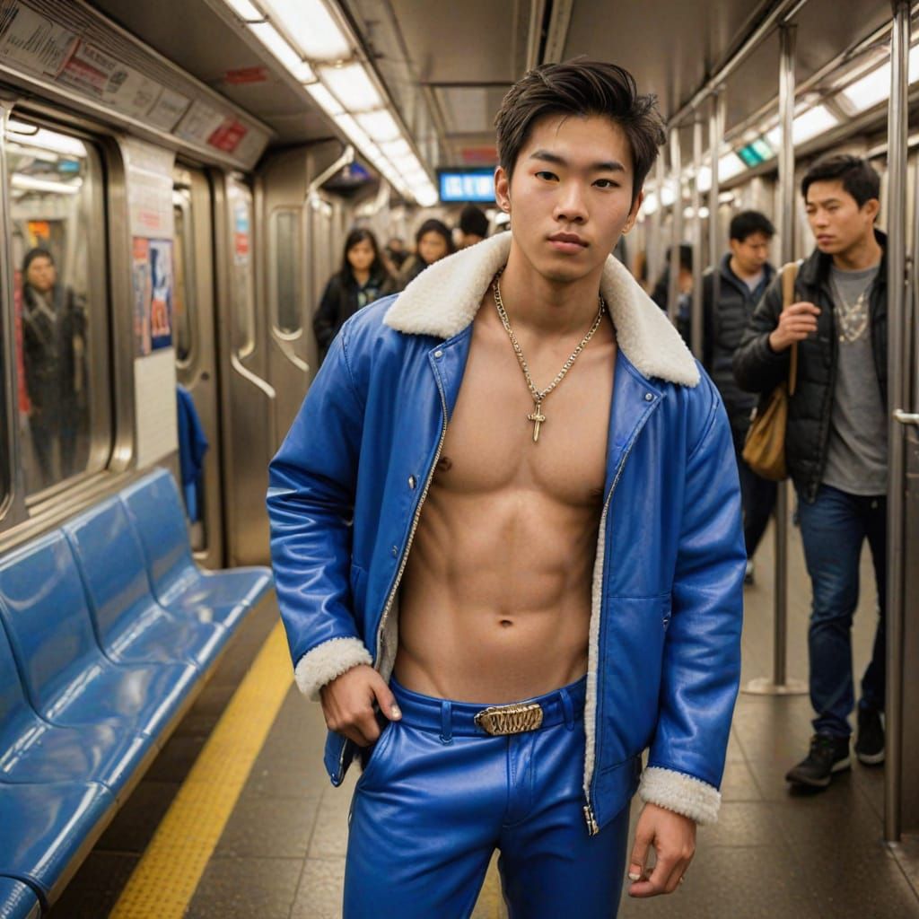Man in Blue Leather Pants on NYC Subway