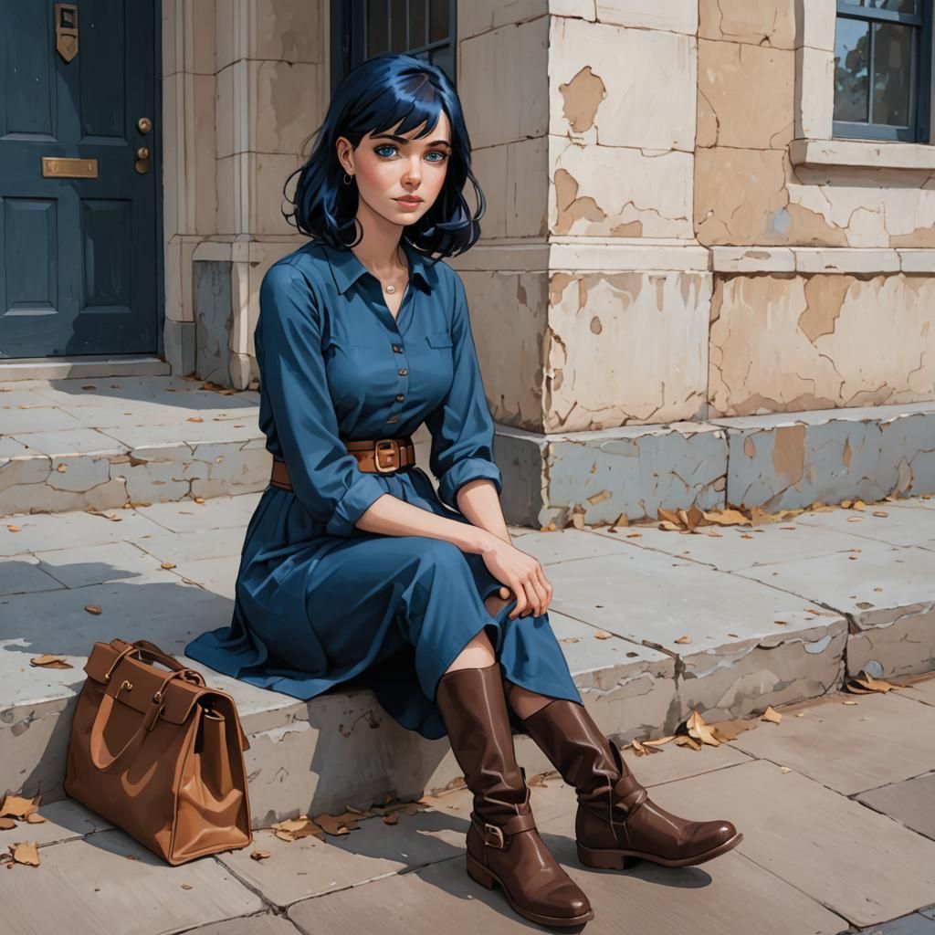 Cartoon Young Woman With Dark Blue Hair