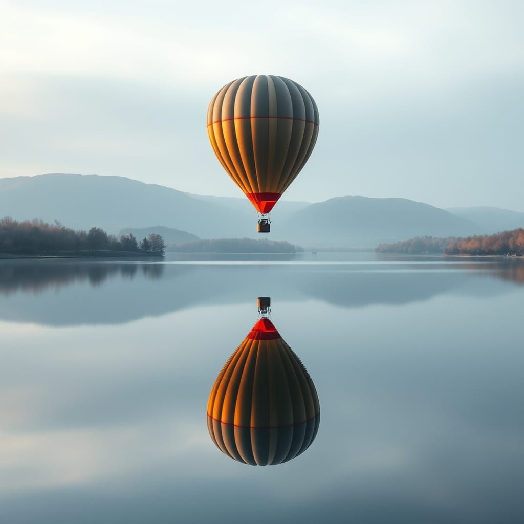 Hot Air Balloon Reflected in Serene Lake
