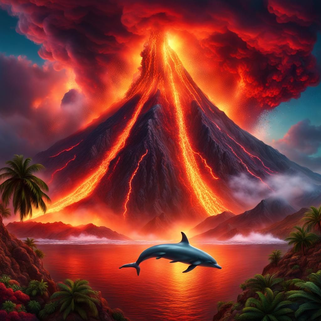 Volcano and Psychedelic Dolphins Digital Painting