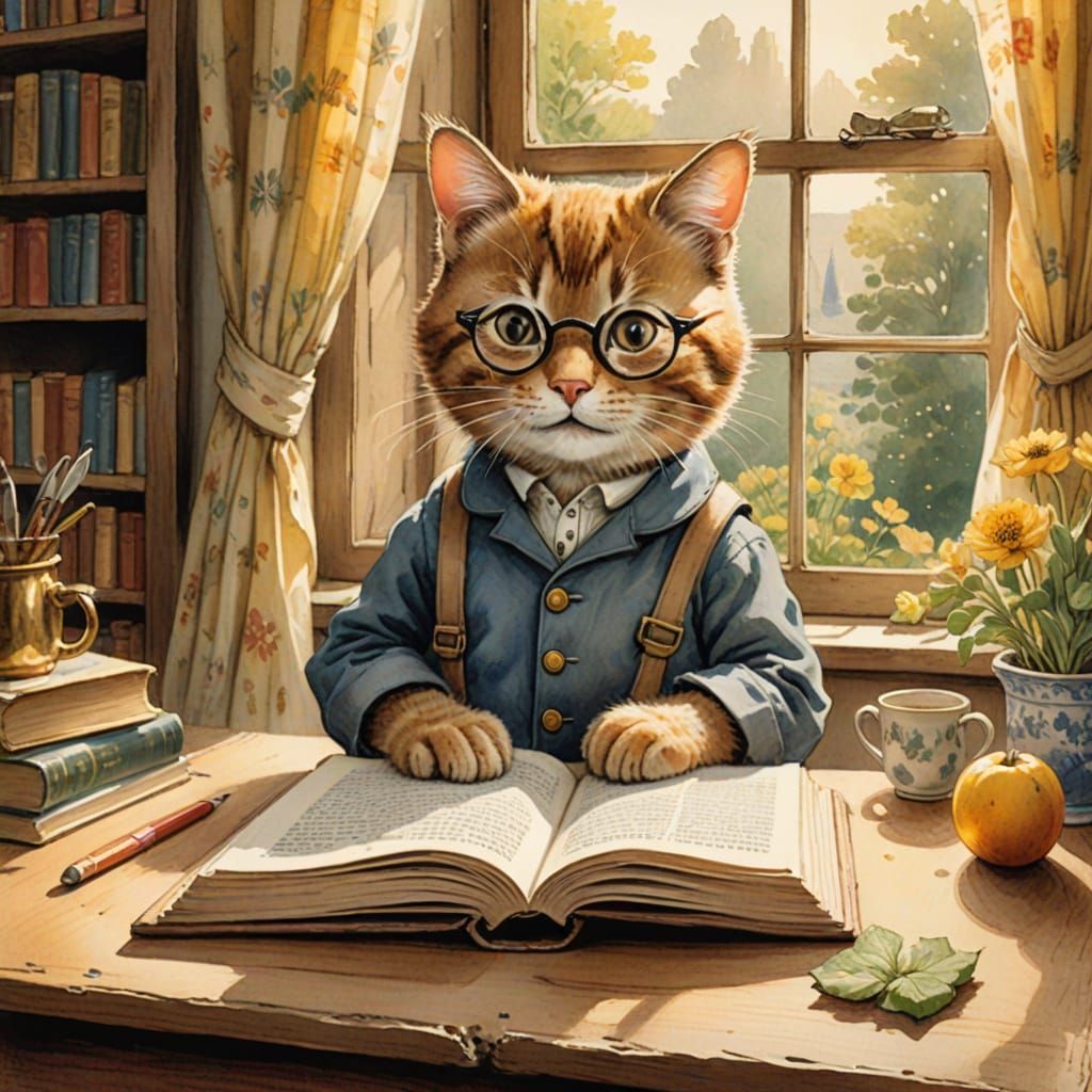 Whimsical Cat Reading in a Cozy Watercolor Scene