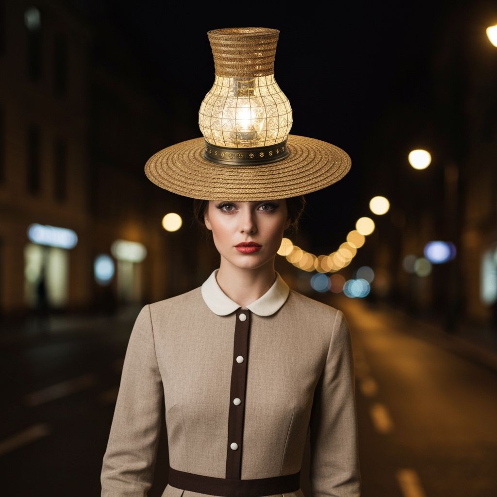 Woman in Antique Lamp Hat, Night Street Scene