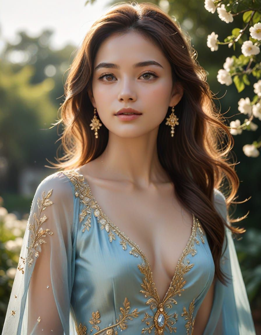 Radiant Woman in Flowing Gown: Hyper-Realistic Photography