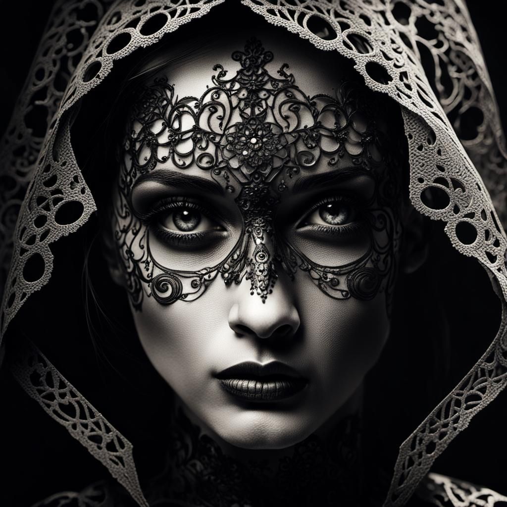 Monochromatic Portrait with Black Filigree in Gothic Style