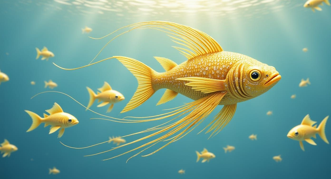 Glittery Goldfish and Diamond Bird in Ethereal Light