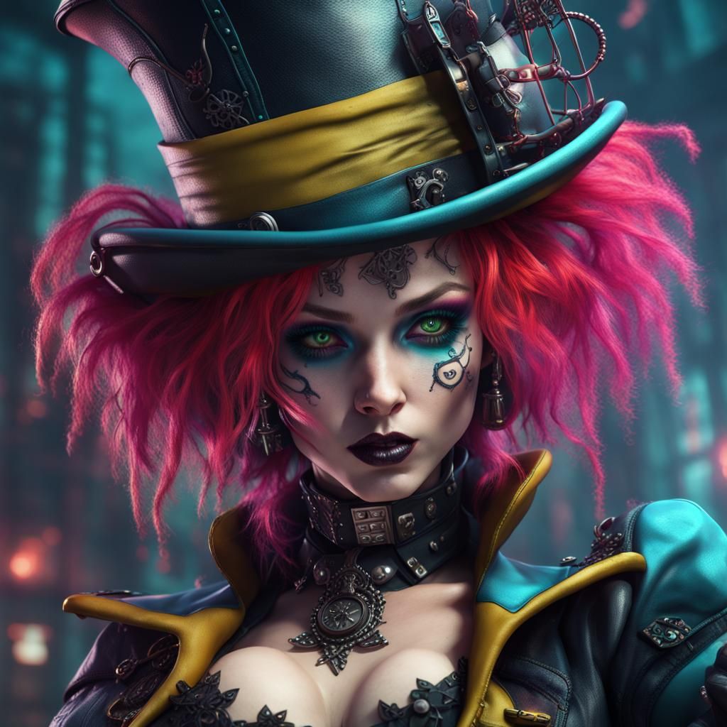 Cyber Goth Mad Hatter Pinup in Detailed Digital Art