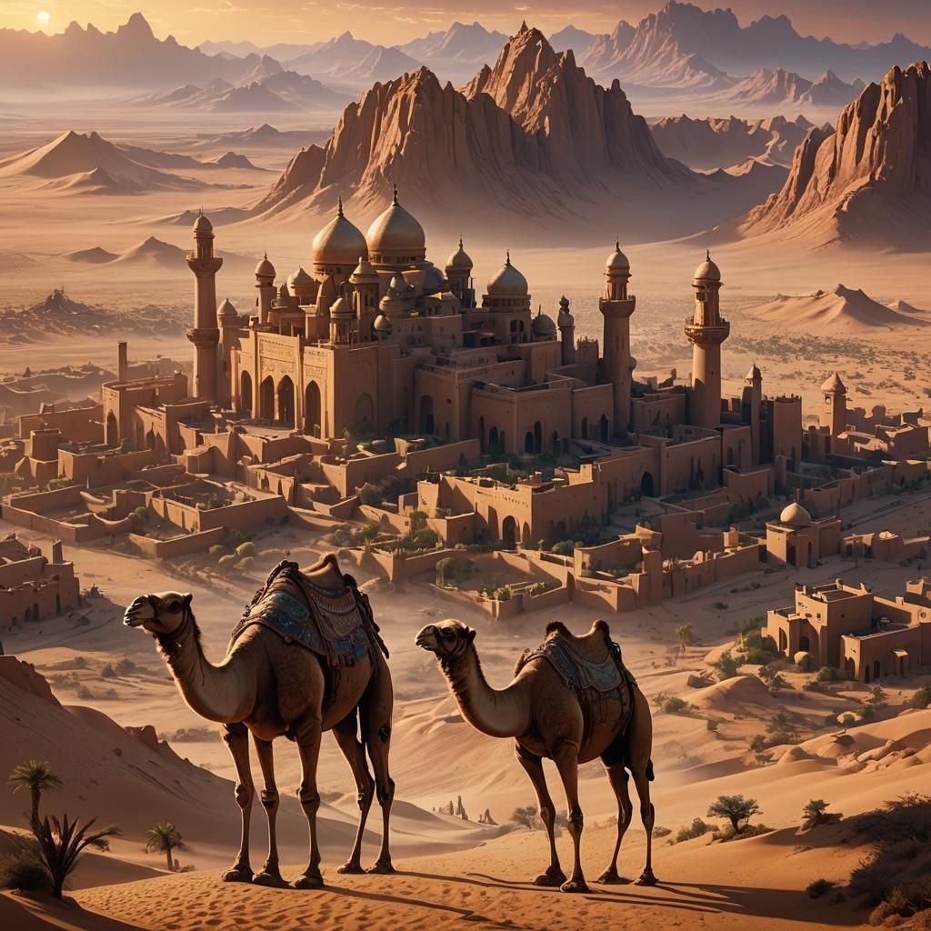 Giant Camel Carries Ornate House in Desert Sunset