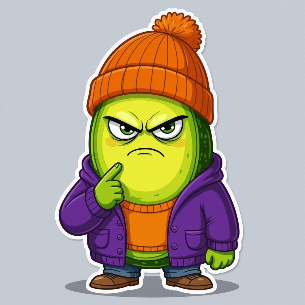Avocado Character with Grim Expression in Beanie and Cardiga...