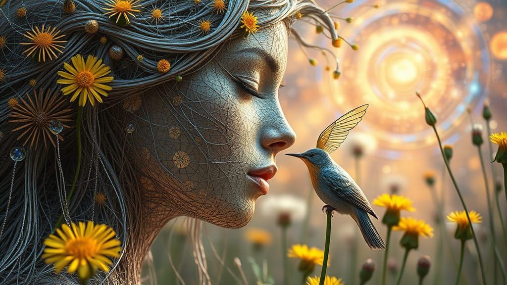 Ethereal String Woman Kissing Bird in Garden