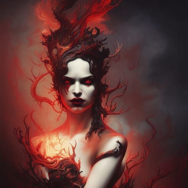 Demon with Glowing Eyes in Smoky, Dramatic Setting