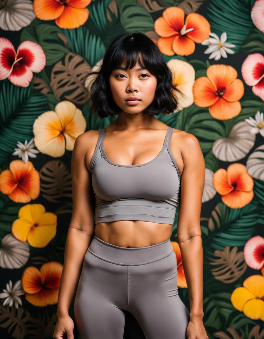 Indonesian Woman in Tropical Flower Gym: Raw Photo