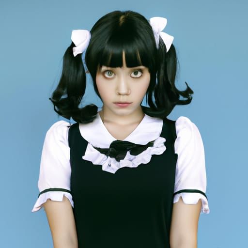 Teenage Girl with Black Pigtails in Maid Outfit