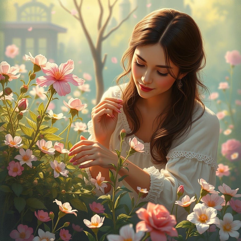 Woman Surrounded by Blooming Flowers in Whimsical Realism St...