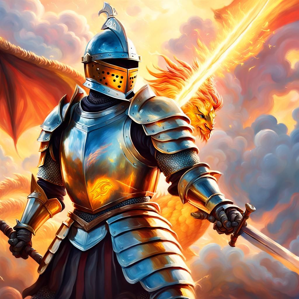 Knight Faces Dragon in Ethereal Oil Painting