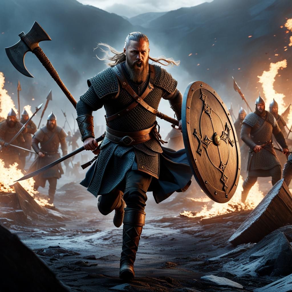 “Travis Fimmel” as Ragnar Lothbrok running towards battle with an axe, volumetric lighting maximalist concept art beauti...