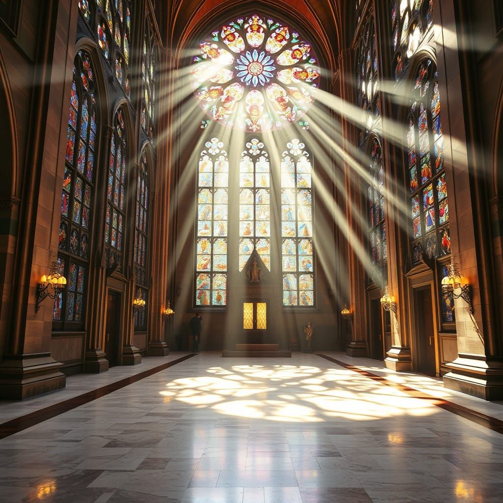 Soft, divine rays of light streaming through stained glass windows