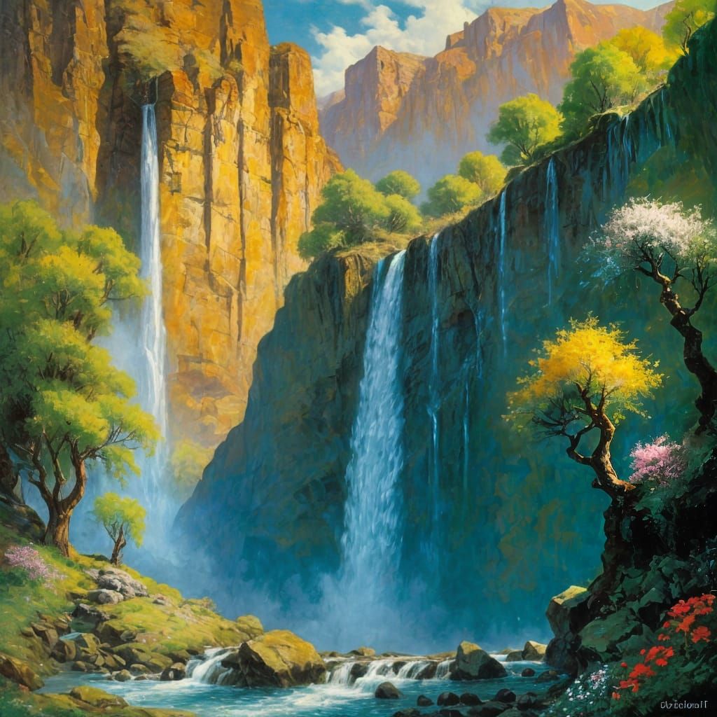 Himalayan Waterfall in Impressionist Style