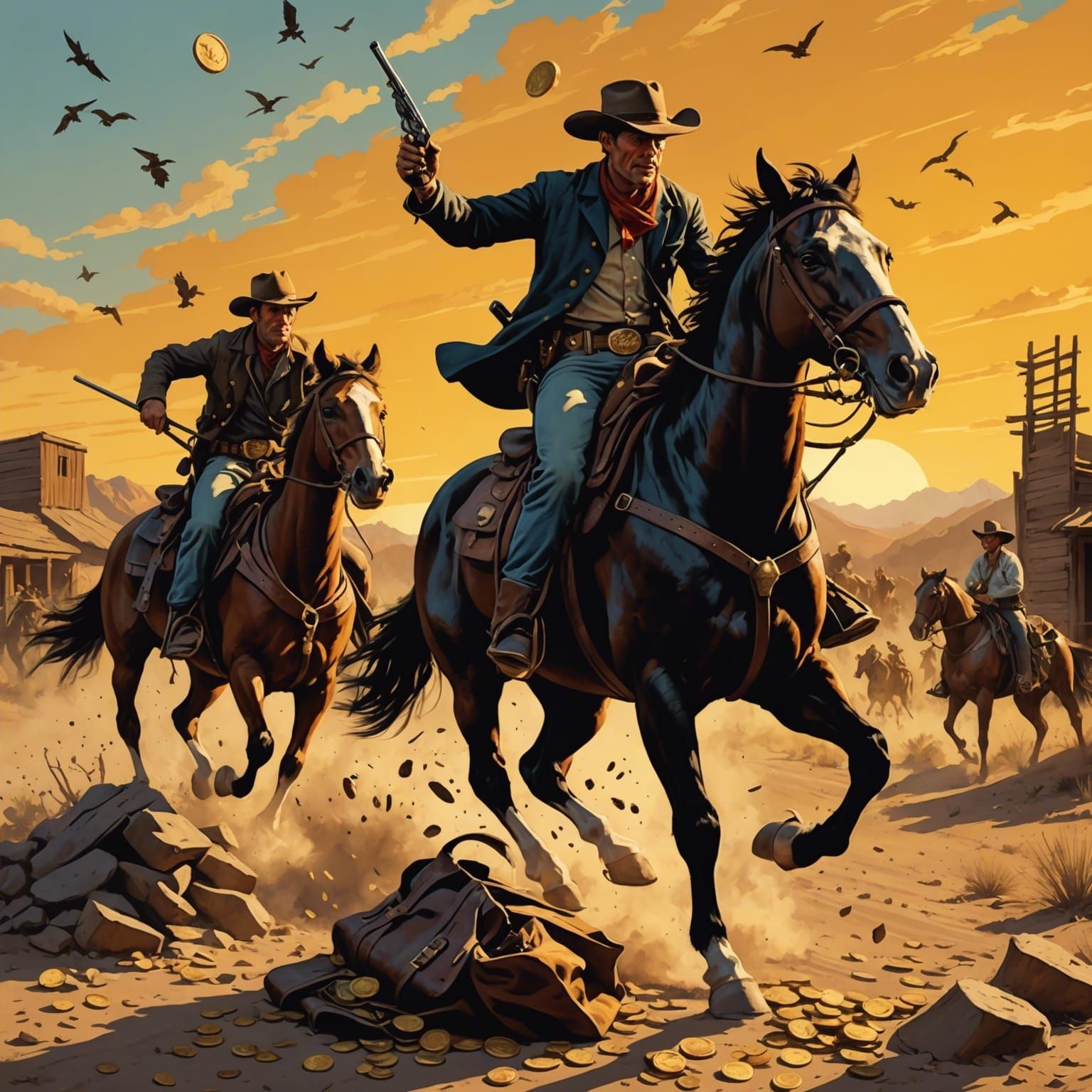 Dramatic illustration of a cowboy sheriff chasing on horse b...