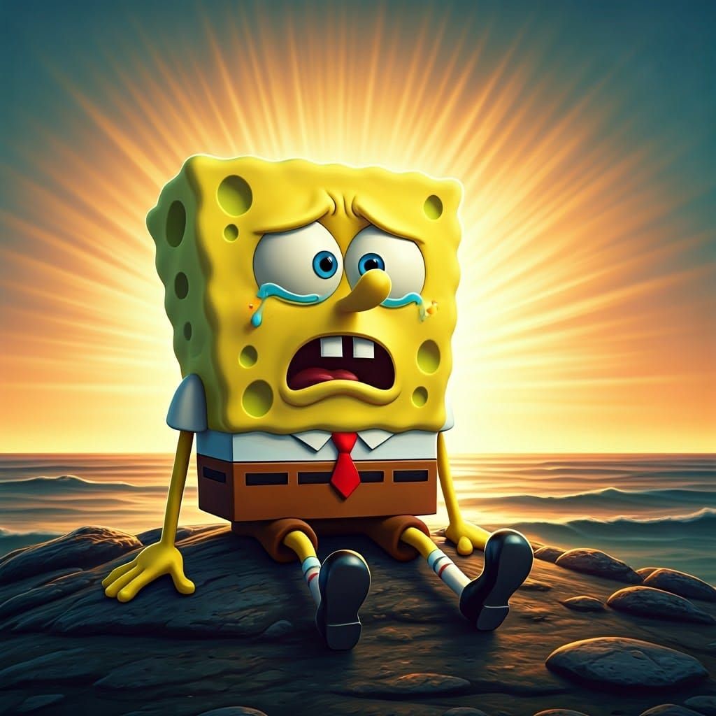 SpongeBob in Despair as Sunset Fades Behind
