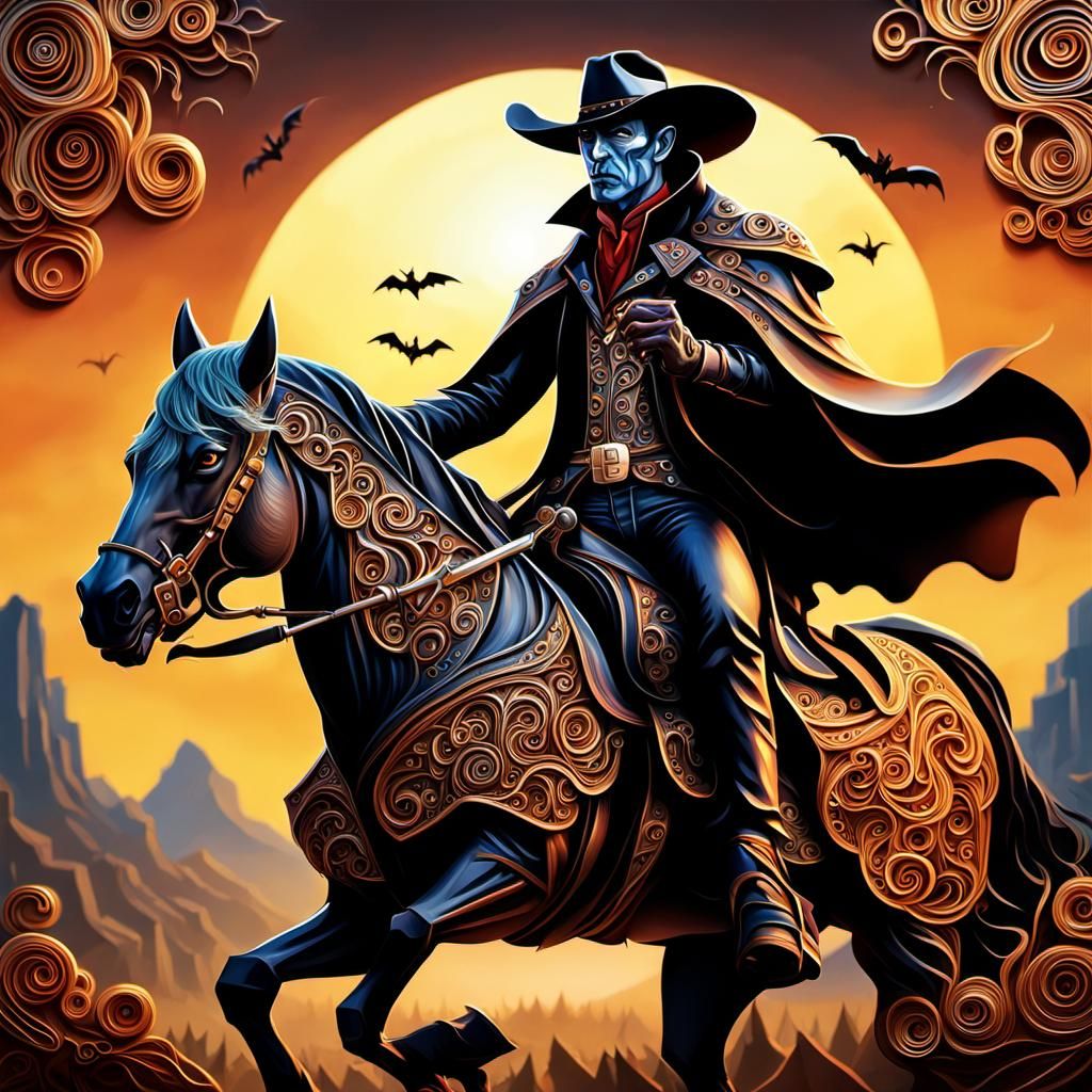 Vampire cowboy riding in the sunset