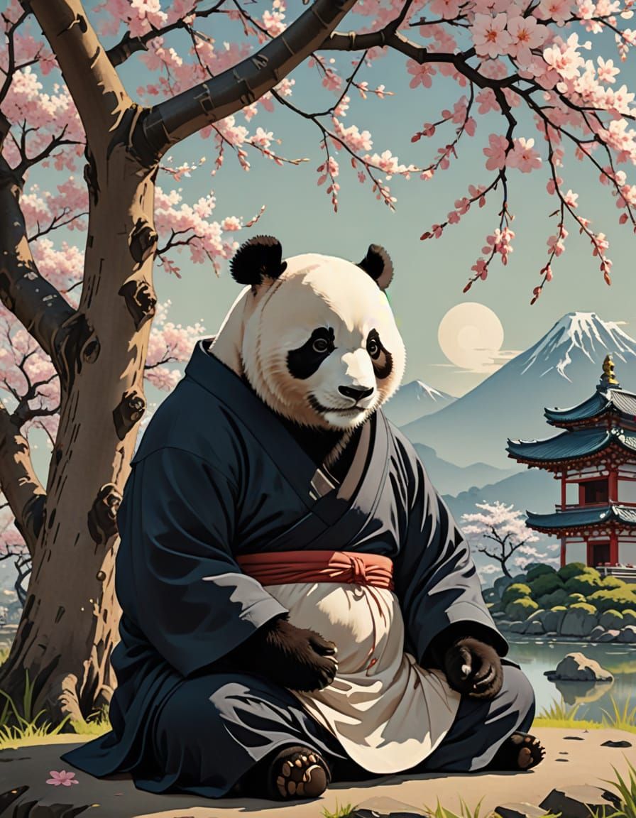 Buddhist Monk Panda in Ukiyo-e Art Style