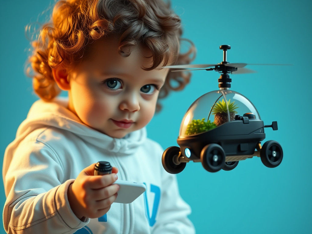 Toddler Plays with Flying Greenhouse Car: Digital Art