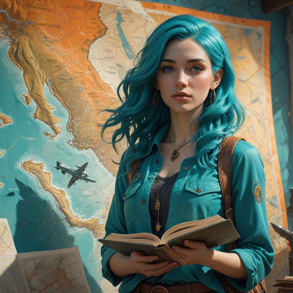 Fantasy Woman with Turquoise Hair and Map