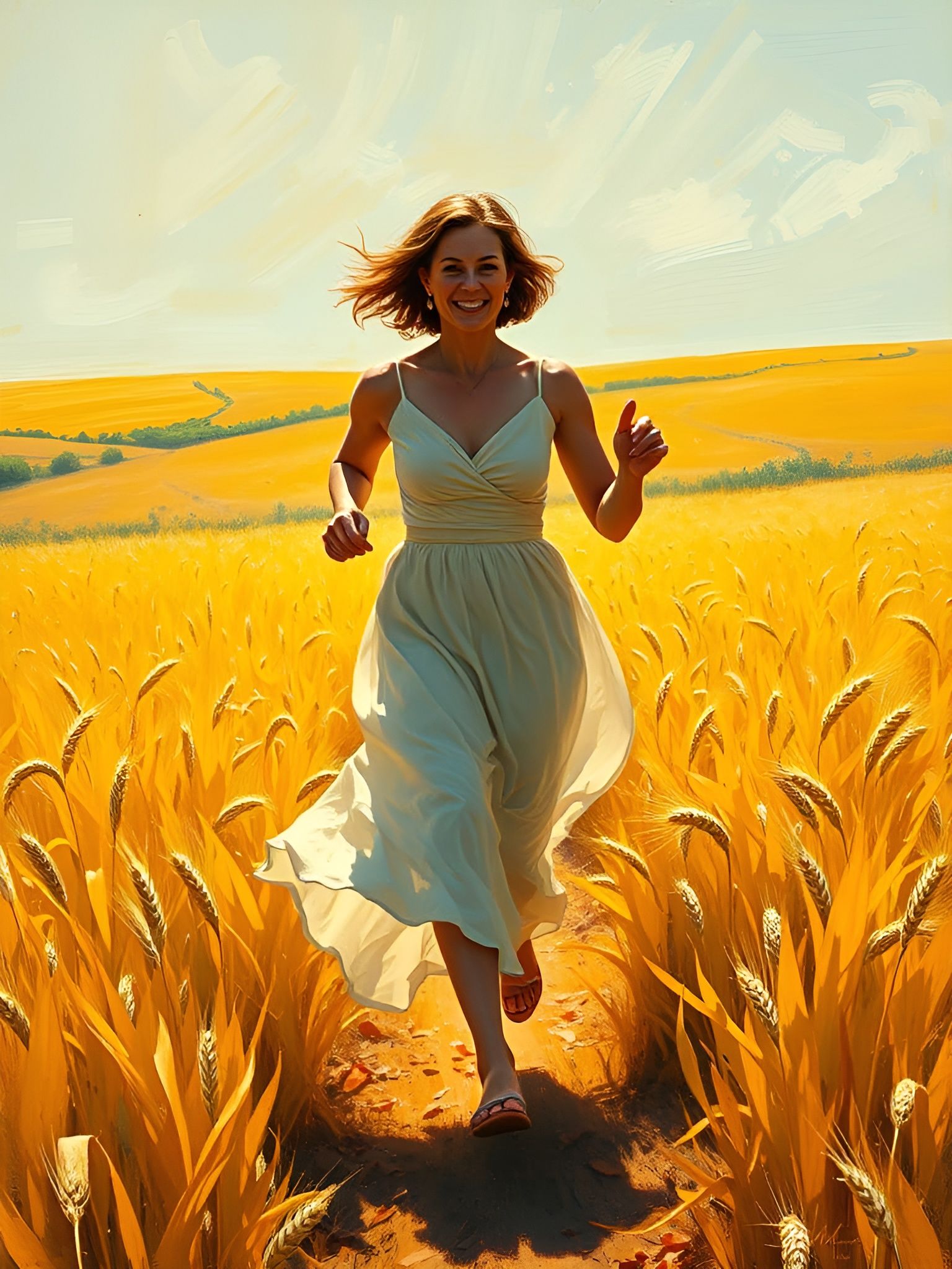 Vibrant Oil Painting of Woman Running Through Wheat Field