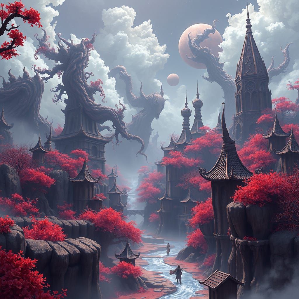 Ethereal Fantasy World in Rich Wine-Brown and Grey