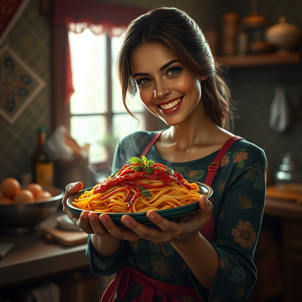 Vibrant Spaghetti Dish in Woman's Hands: Hyper-Realistic Art