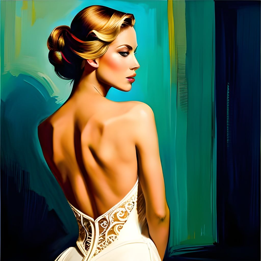 Elegant Lady in Gold Lace Dress Art Deco Portrait